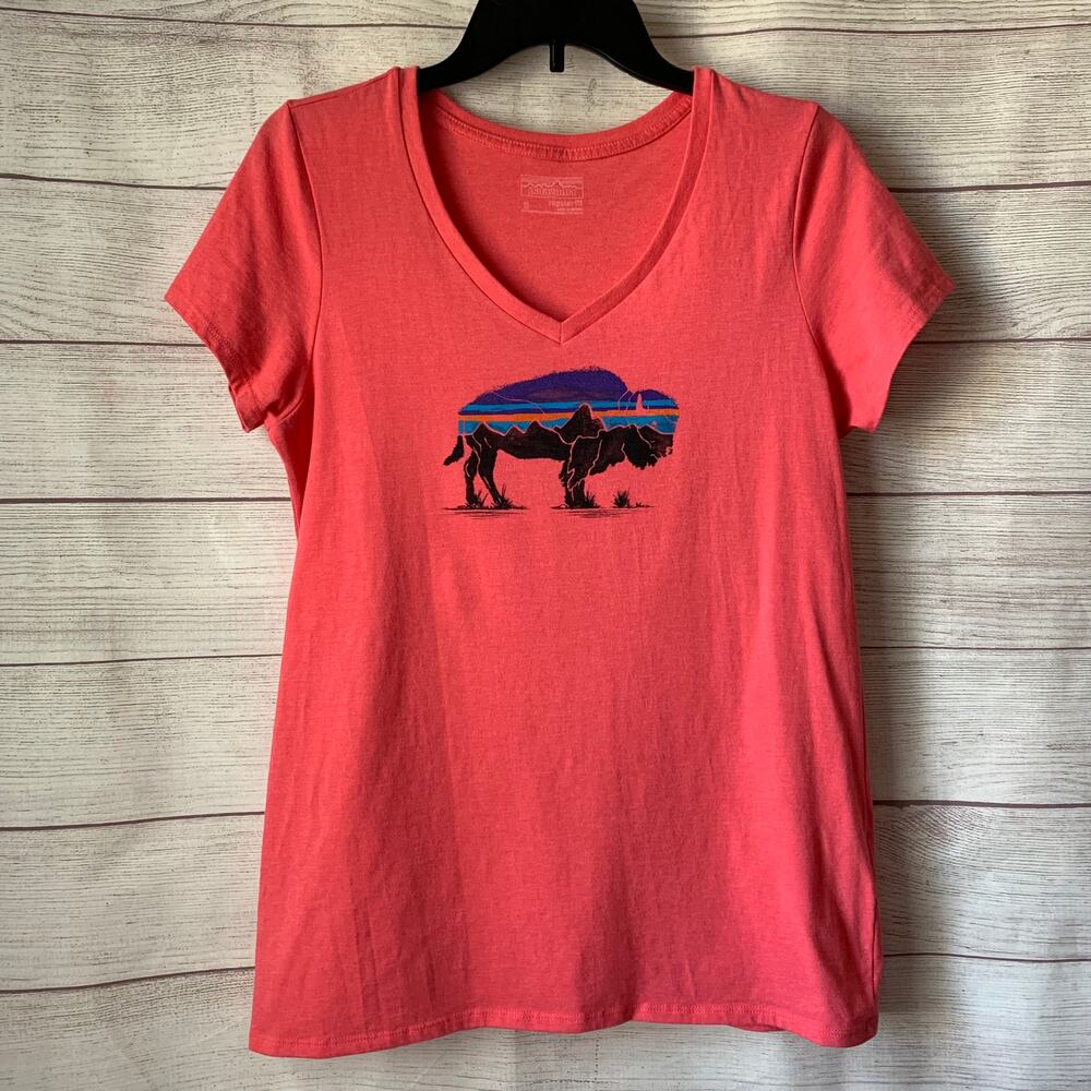 Patagonia Coral V-Neck Tee with Blue and Black Buffalo Graphic